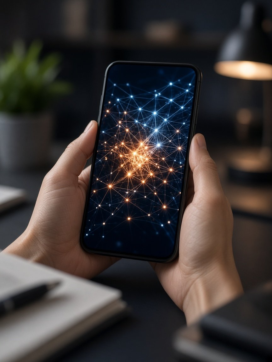 Mains tenant un téléphone avec un réseau lumineux abstrait
