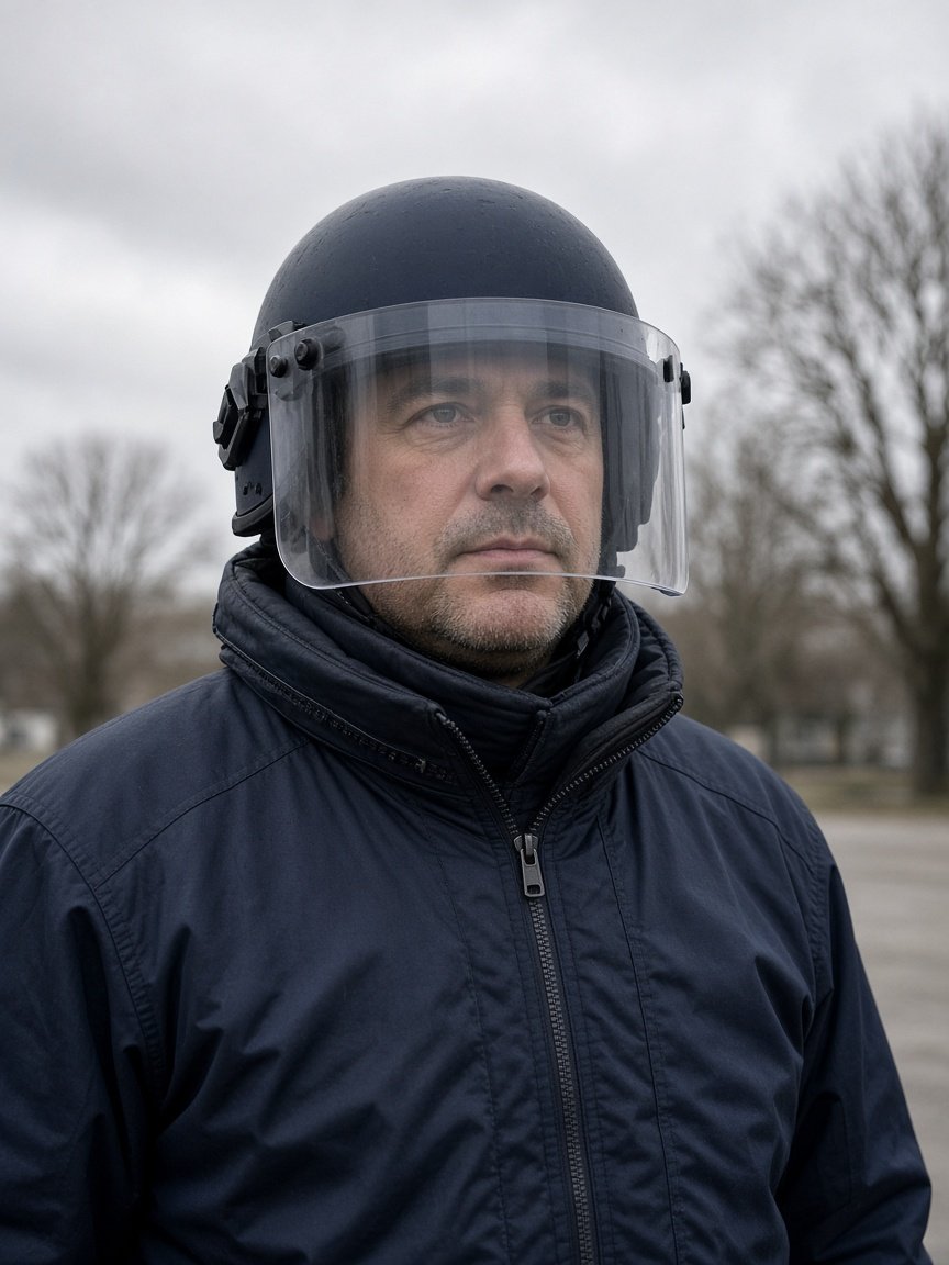 Agent des CRS en casque et visière, portrait calme en extérieur