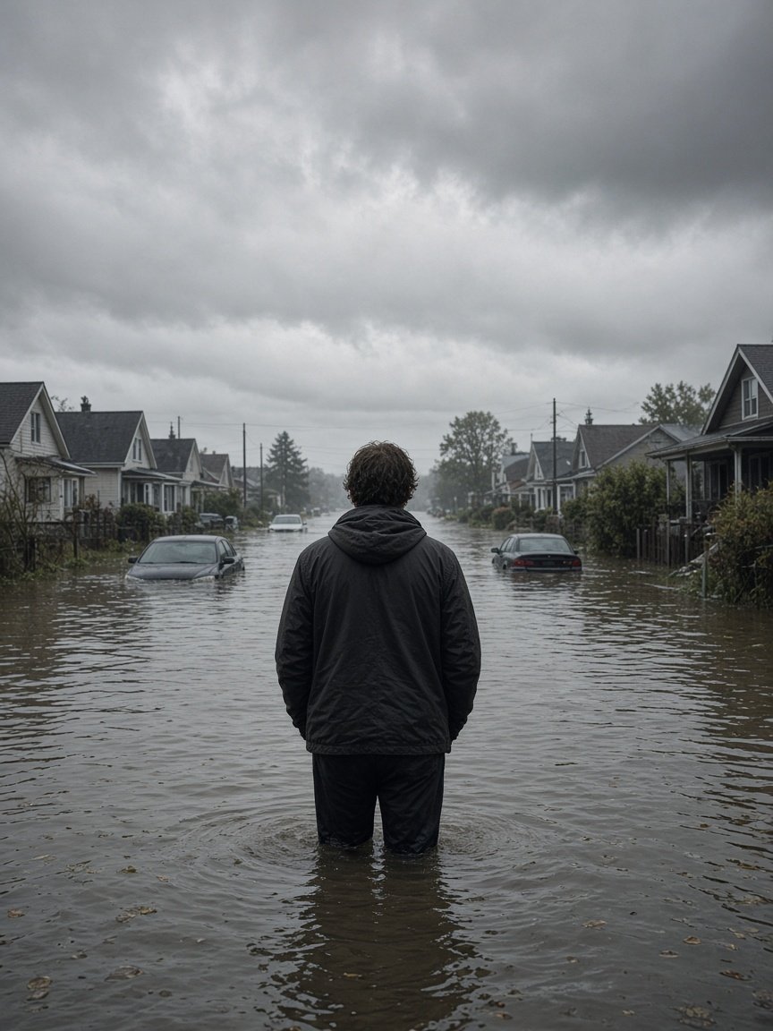 Personne de dos dans une rue résidentielle inondée